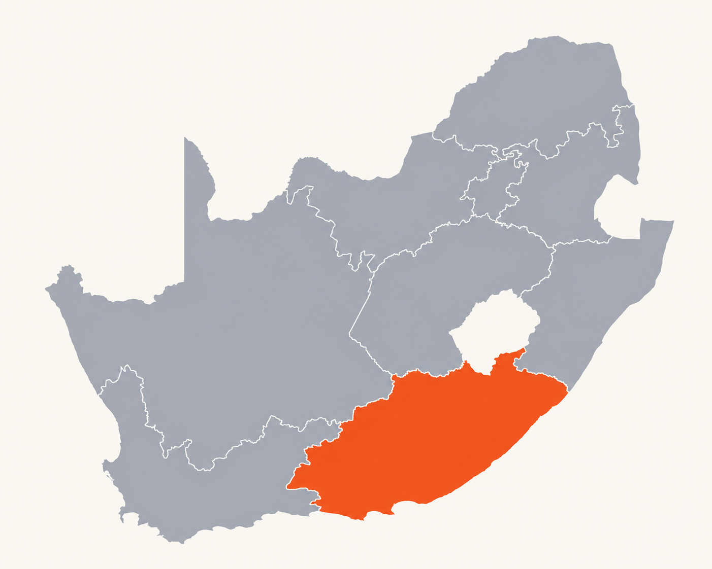 Map of South Africa with Eastern Cape highlighted in orange
