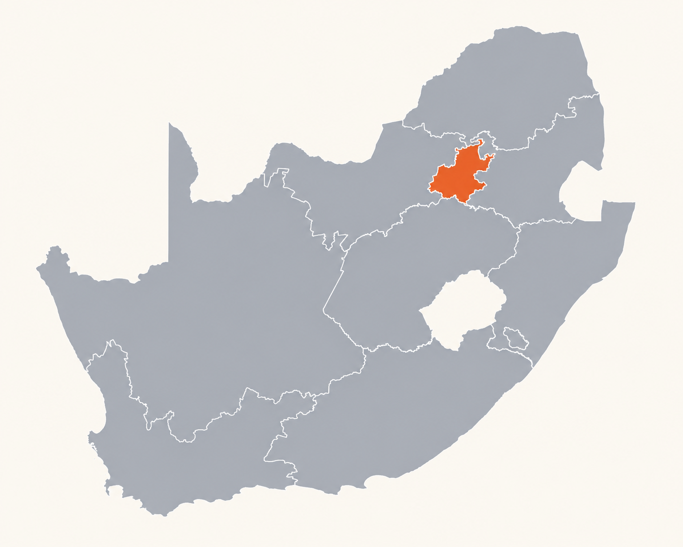 Map of South Africa with Gauteng highlighted in orange