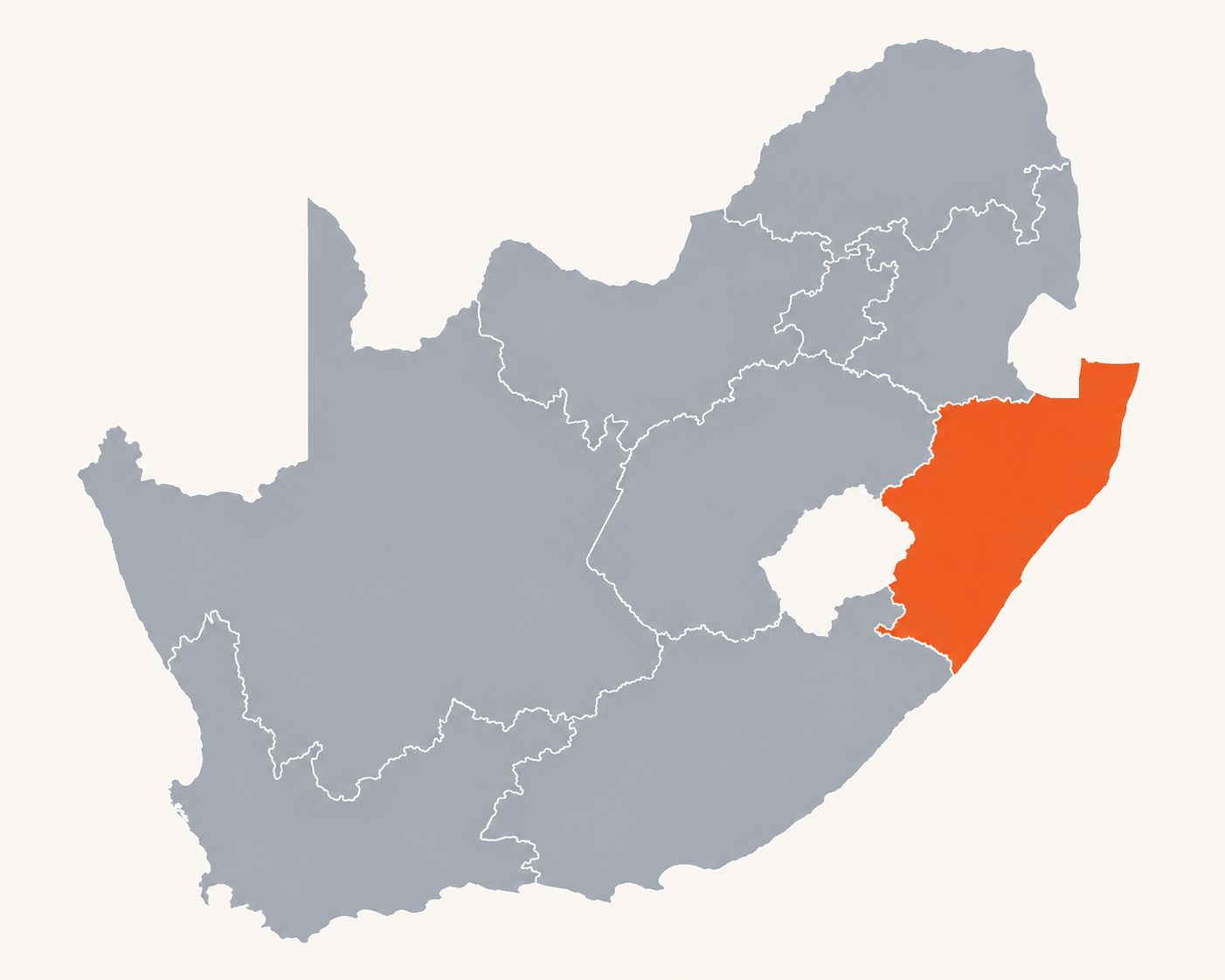 Map of South Africa with KwaZulu-Natal highlighted in orange