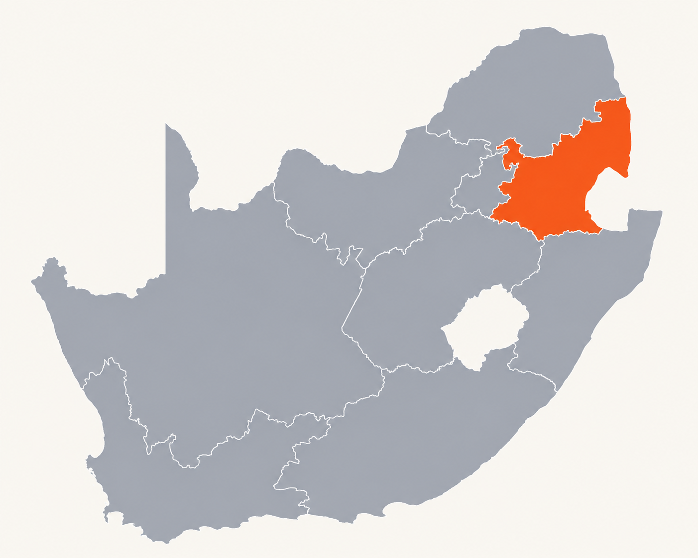 Map of South Africa with Mpumalanga highlighted in orange