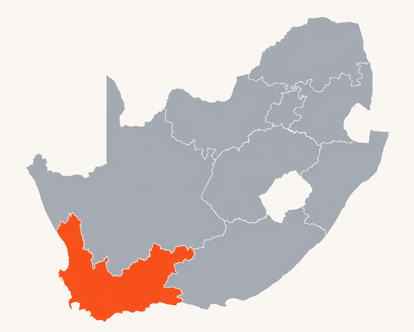 Map of South Africa with Western Cape highlighted in orange